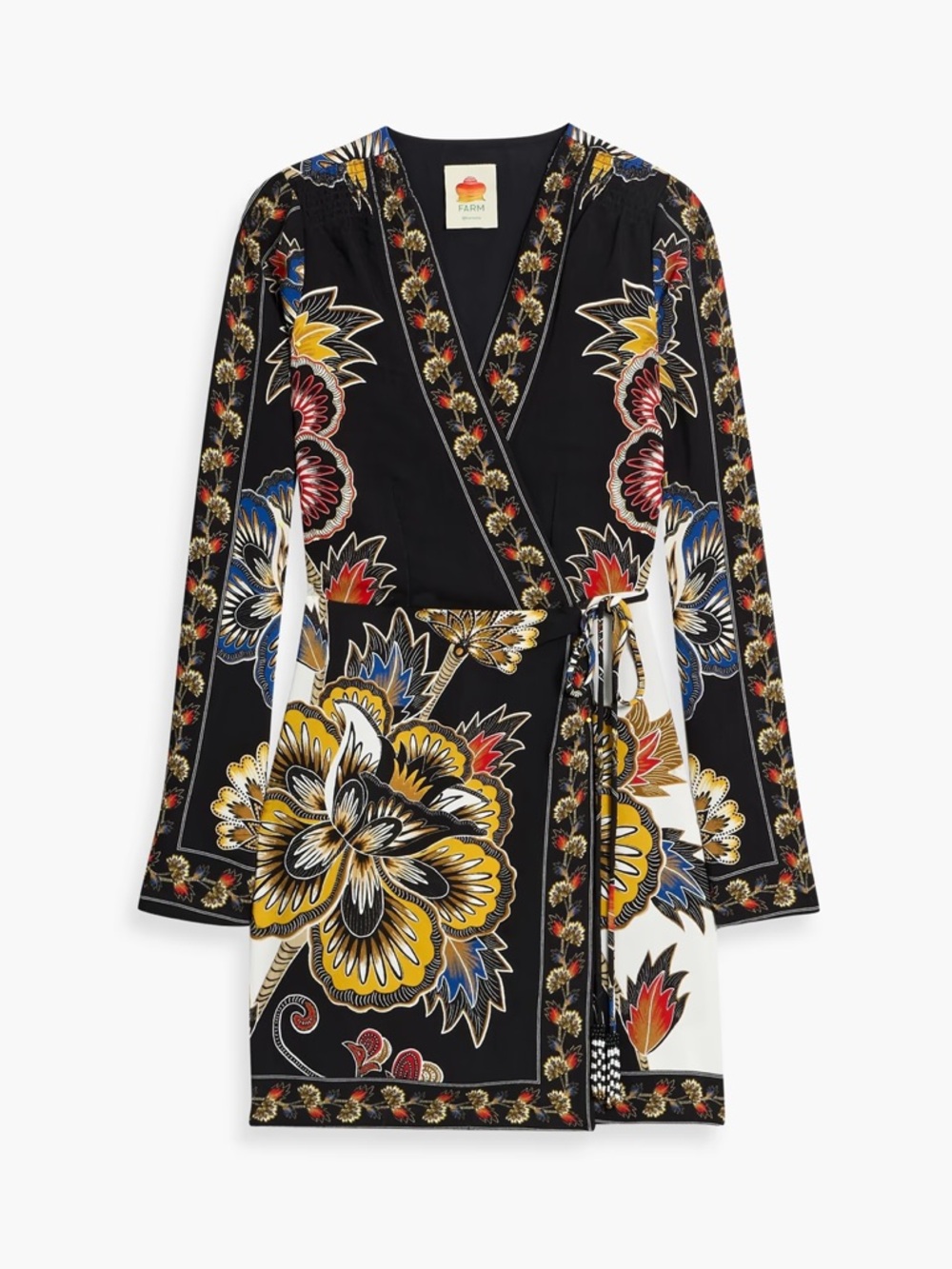 Farm Rio Floral Wrap Dress - Black with Yellow & Blue Floral Print